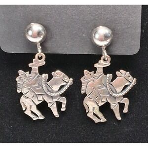Sancrest R Western Cowboy Horseback Earrings Vintage 1950s Silver Tone Dangle